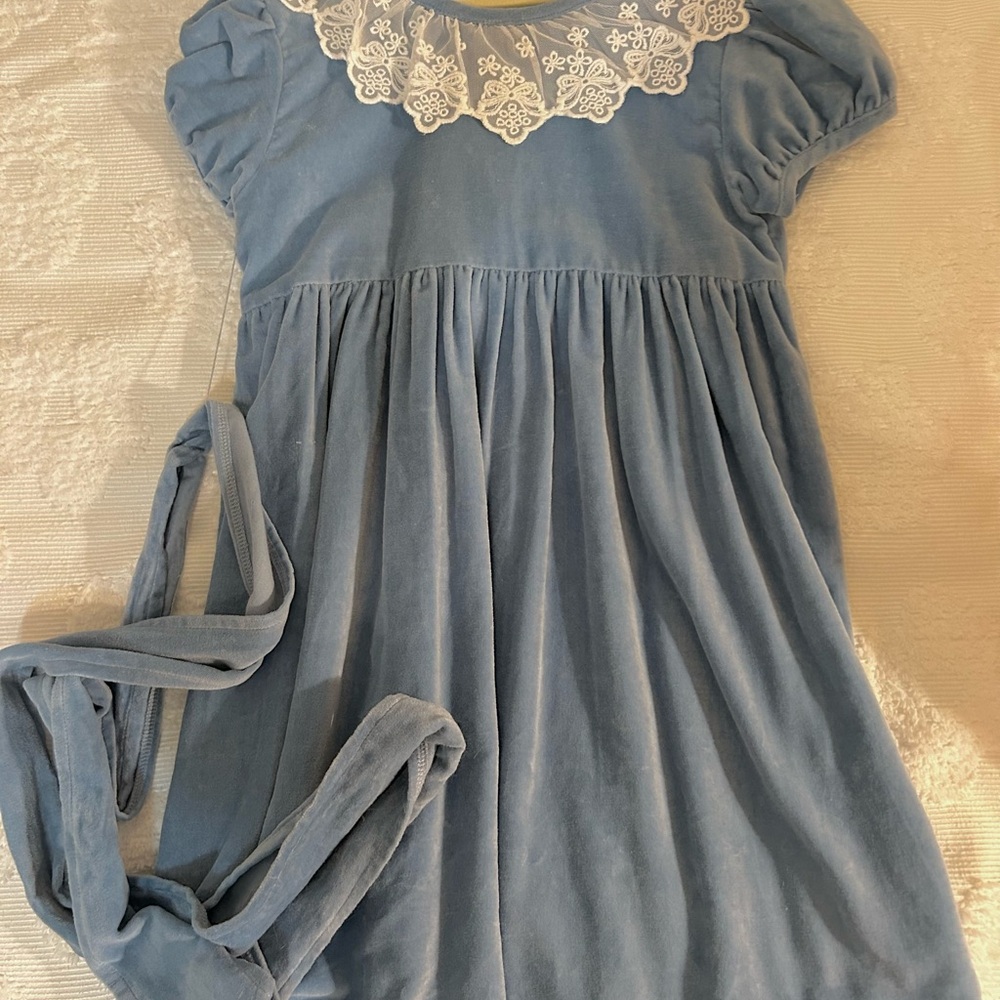 Grace and James Girls Blue Velvet Dress with Lace Collar